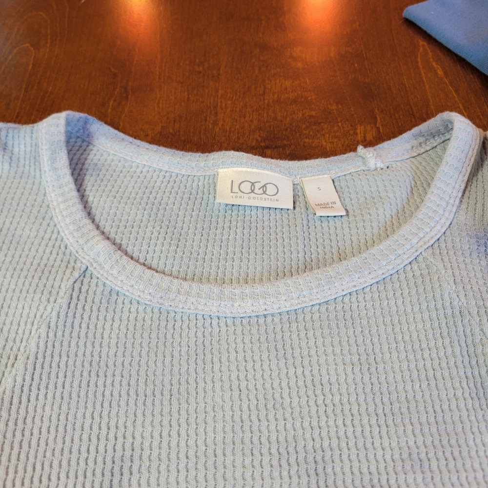 LOGO Lori Goldstein Thermal Top Size Small Blue Ombre Waffle Knit Pockets FLAW - Picture 10 of 16